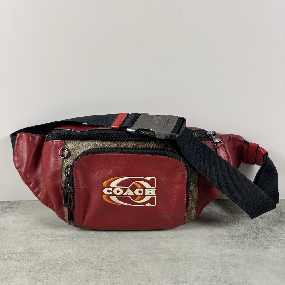 COACH Mens Warren Leather Belt Bag CE870 QB/1941 Red Khaki Multi